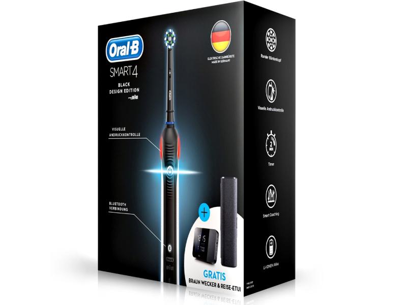 Braun Oral-B Smart 4 Black Edition | Elektrische Zahnbürste | inkl. 2 Aufsätze | Ladestation | Premium Reise Etui | Braun Reisewecker | Bluetooth & App fähig | Farbe: Schwarz