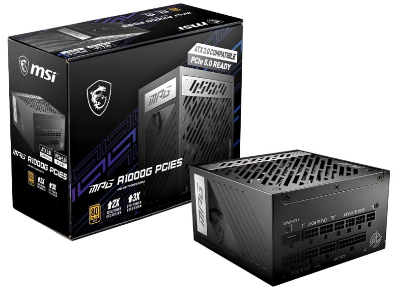 MSI MPG A1000G Netzteil - 1000Watt - 80PLUS GOLD - voll modular - 135mm Fan - 0% RPM Modus - PCIe 5.0 ready MSI MPG A1000G Netzteil - 1000Watt - 80PLUS GOLD - voll modular - 135mm Fan - 0% RPM Modus - PCIe 5.0 ready