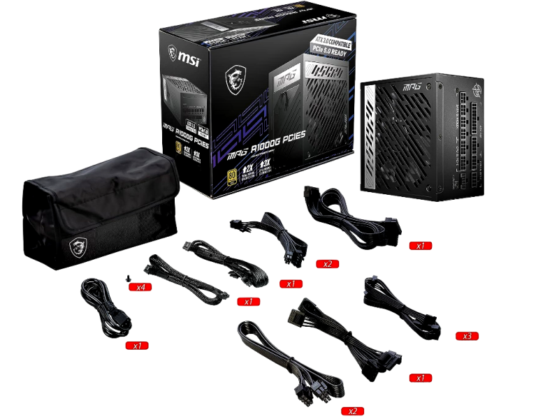 MSI MPG A1000G Netzteil - 1000Watt - 80PLUS GOLD - voll modular - 135mm Fan - 0% RPM Modus - PCIe 5.0 ready MSI MPG A1000G Netzteil - 1000Watt - 80PLUS GOLD - voll modular - 135mm Fan - 0% RPM Modus - PCIe 5.0 ready